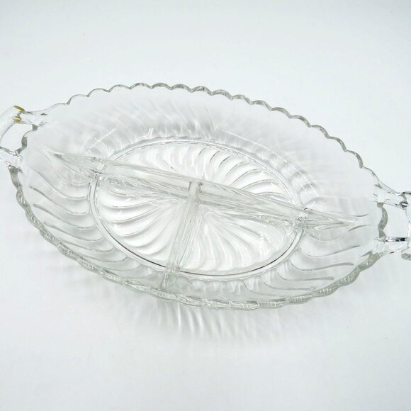 Vintage Fostoria Colonial Swirl Divided Oval Glass Relish Serving Dish Handles - Picture 4 of 8